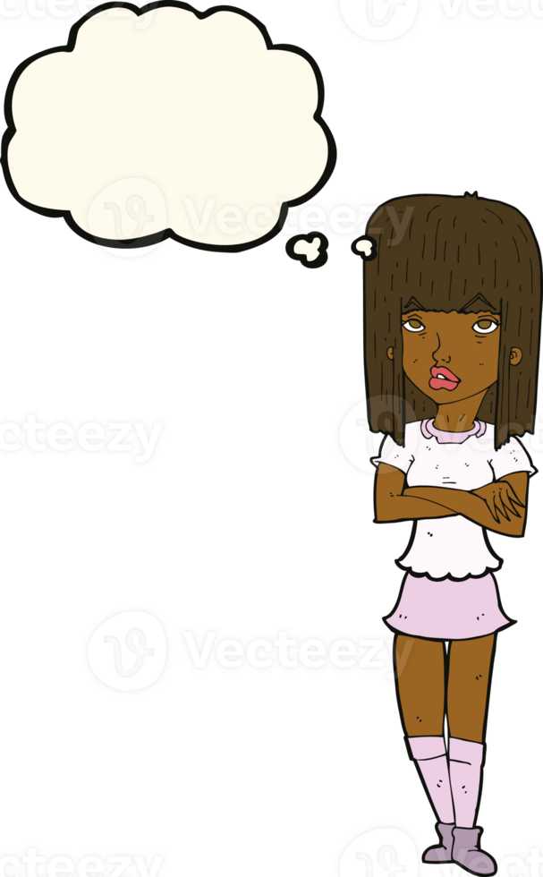 cartoon girl with crossed arms with thought bubble png