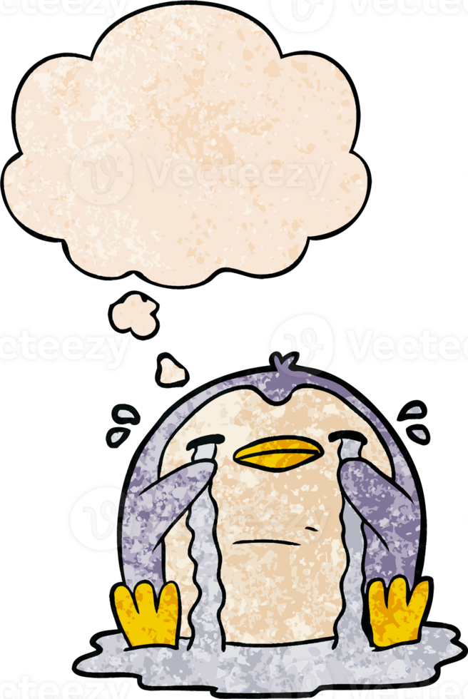 cartoon crying penguin and thought bubble in grunge texture pattern style png