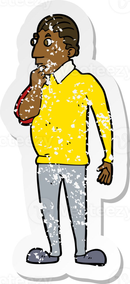 retro distressed sticker of a cartoon curious man png