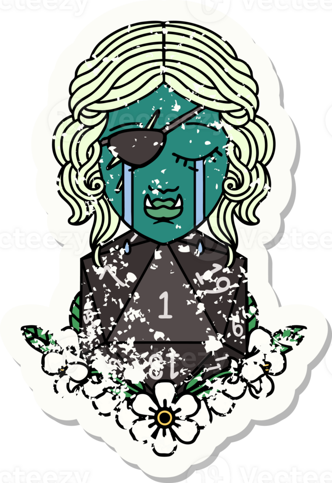 crying half orc rogue character with natural one D20 roll illustration png