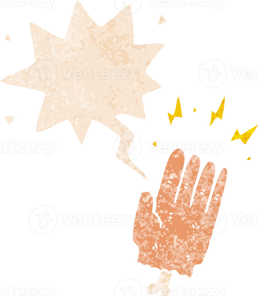 cartoon magic halloween zombie hand and speech bubble in retro textured style png