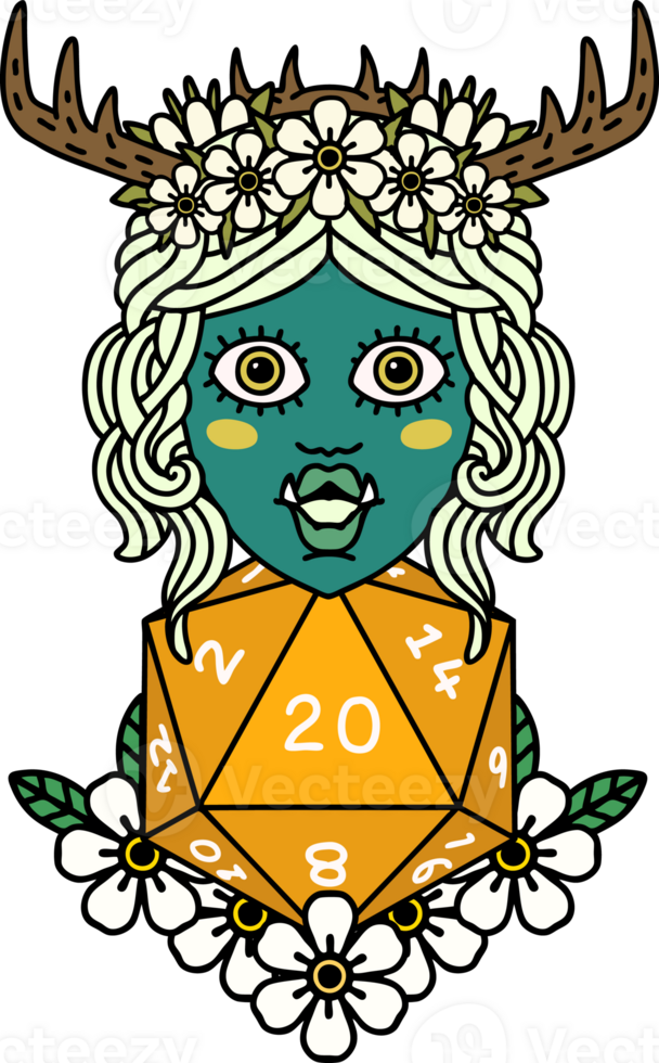 half orc druid with natural twenty dice roll illustration png