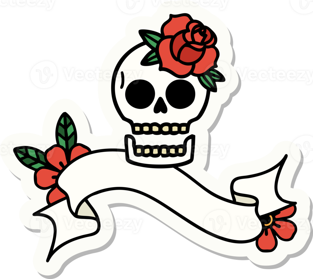 tattoo sticker with banner of a skull and rose png