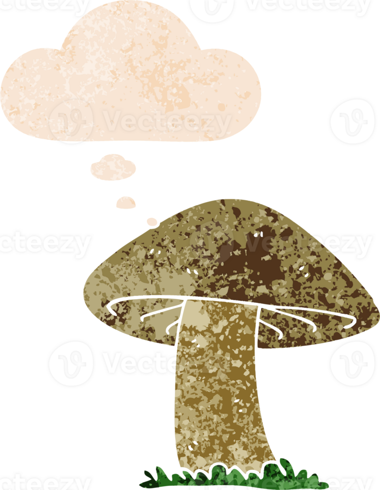 cartoon mushroom and thought bubble in retro textured style png