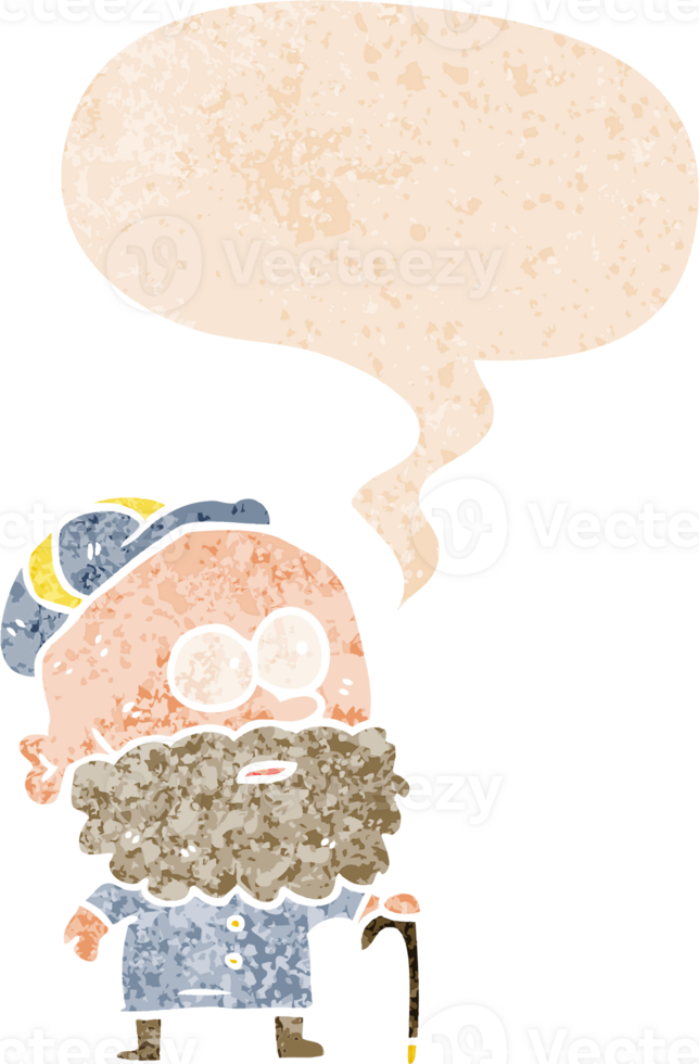cartoon old man with walking stick and speech bubble in retro textured style png