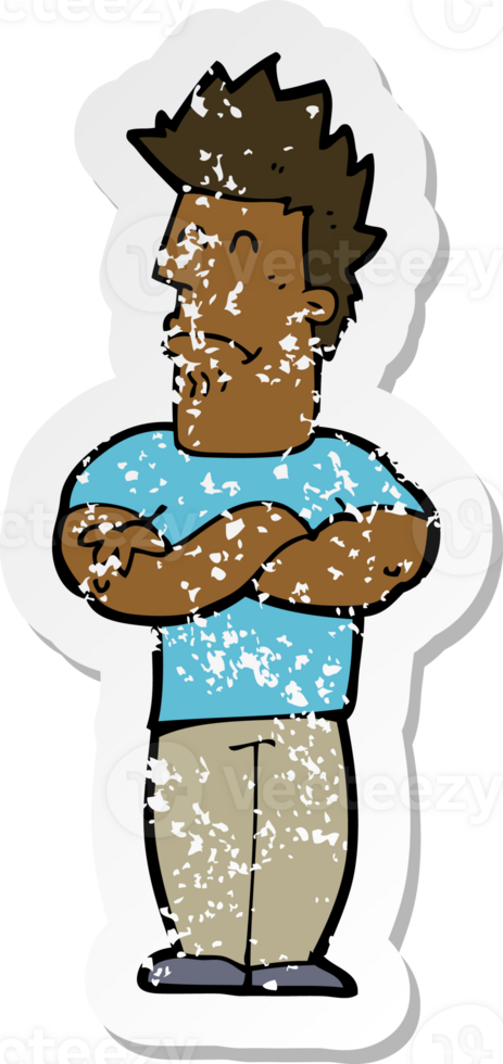 retro distressed sticker of a cartoon sulking man png