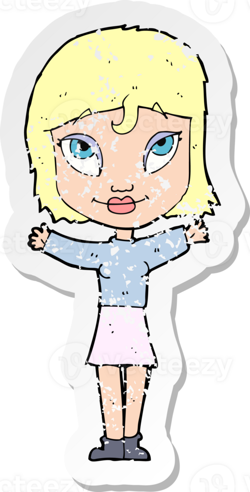 retro distressed sticker of a cartoon woman with open arms png