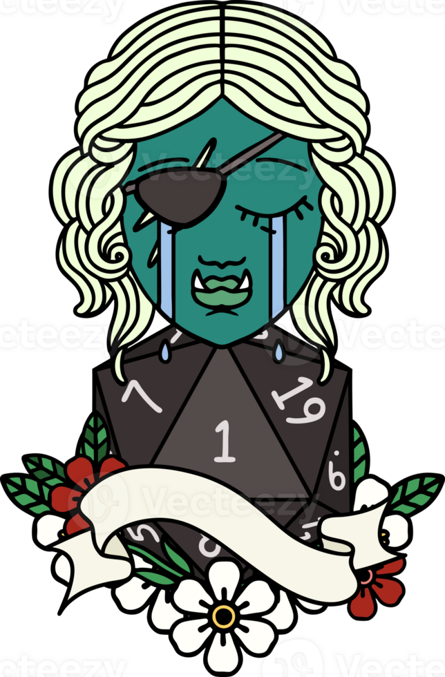 crying orc rogue character face with natural one d20 dice roll illustration png
