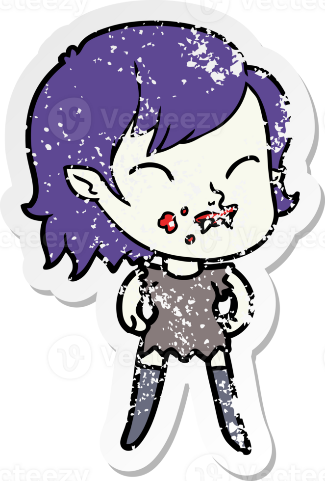 distressed sticker of a cartoon vampire girl with blood on cheek png