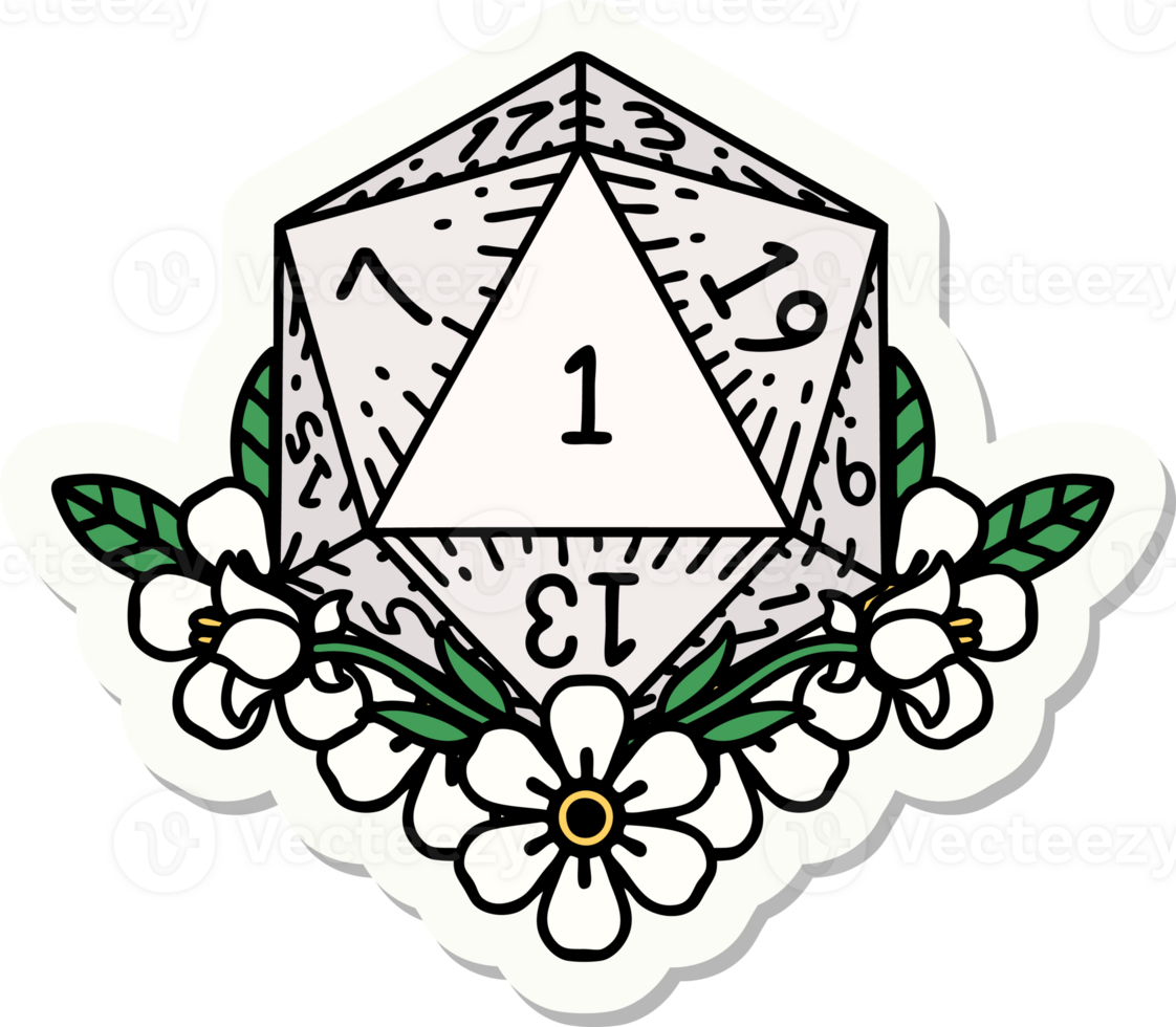 natural one dice roll with floral elements sticker png