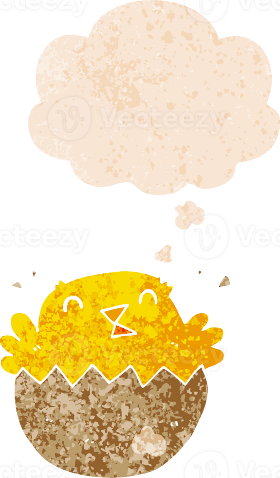 cartoon hatching chick and thought bubble in retro textured style png