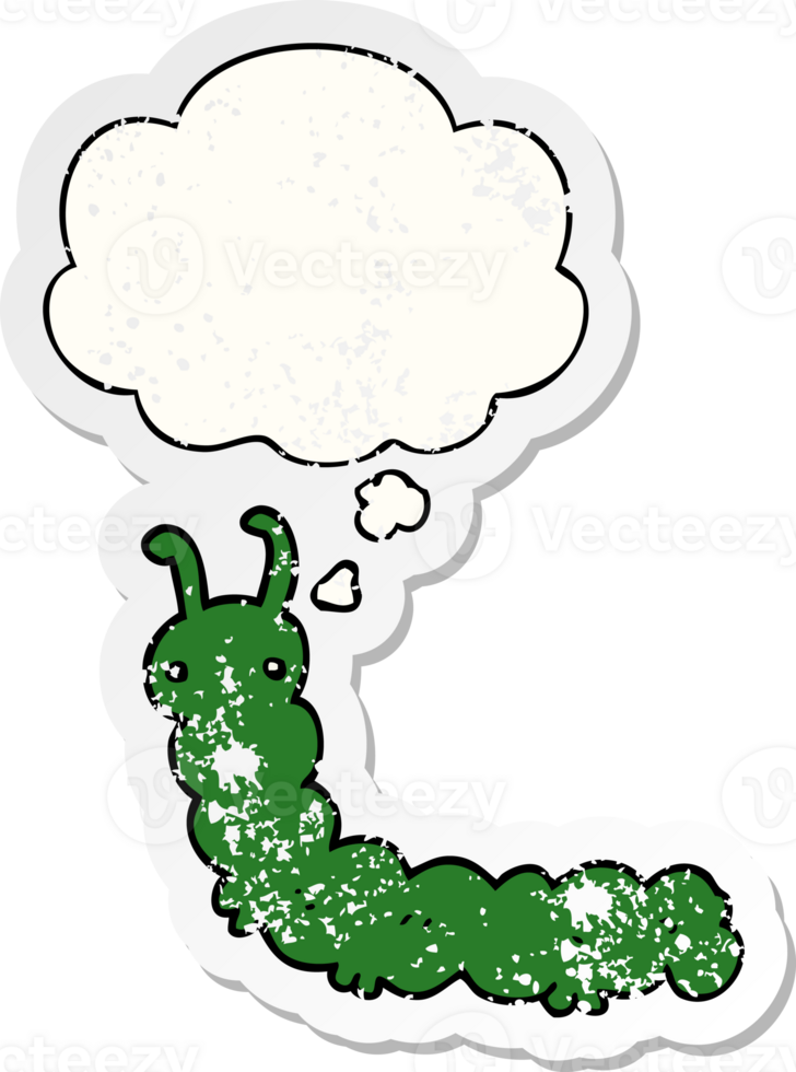 cartoon caterpillar and thought bubble as a distressed worn sticker png