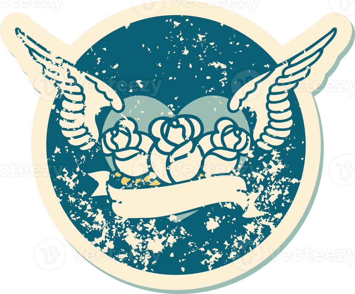 distressed sticker tattoo style icon of a flying heart with flowers and banner png
