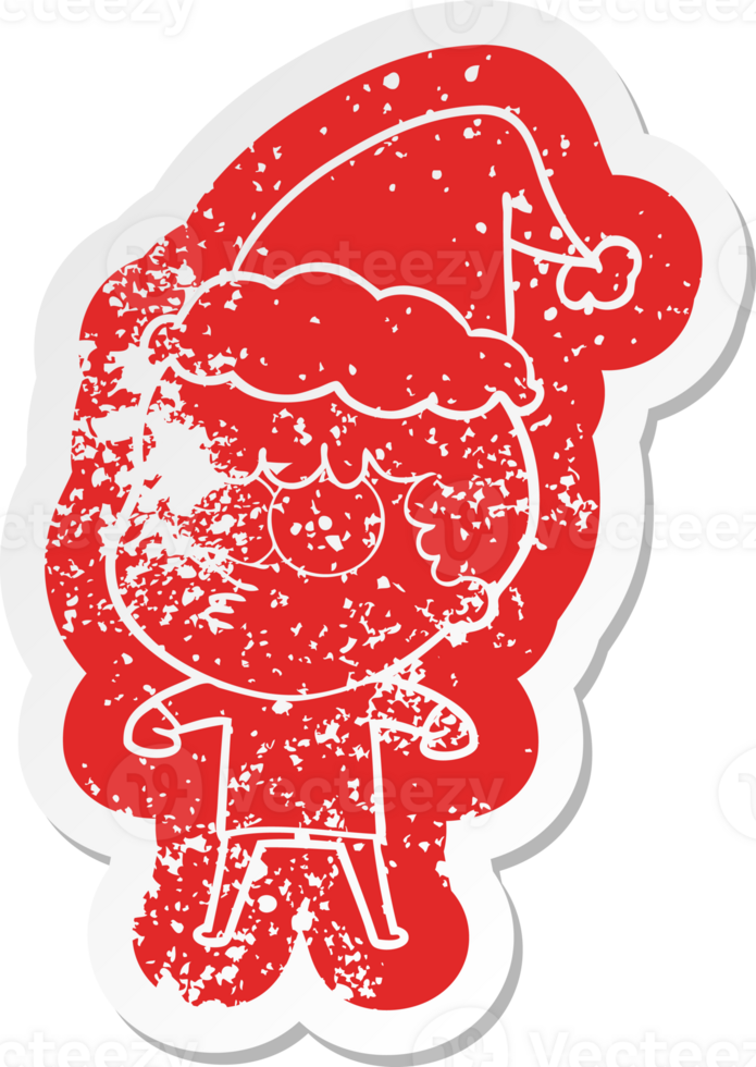 cartoon distressed sticker of a curious boy wearing santa hat png