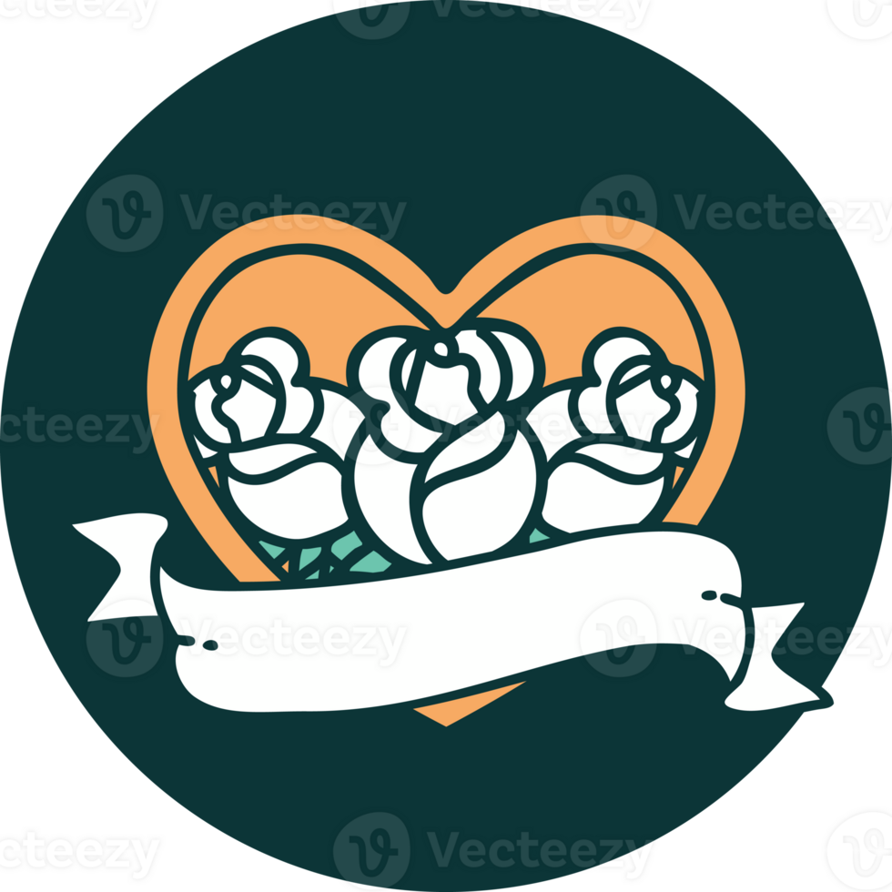 tattoo style icon of a heart and banner with flowers png