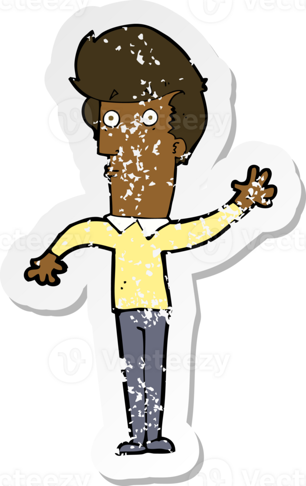 retro distressed sticker of a cartoon nervous man waving png