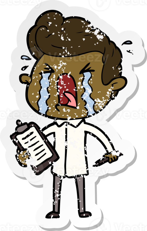 distressed sticker of a cartoon crying man png