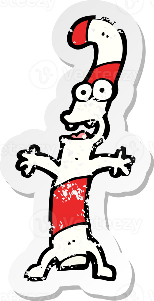 retro distressed sticker of a cartoon candy cane png