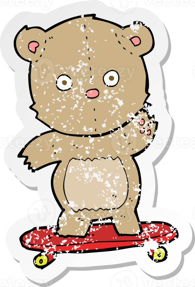 retro distressed sticker of a cartoon teddy bear on skateboard png