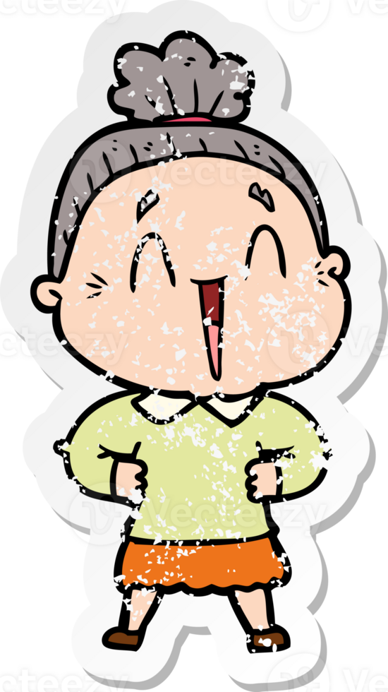 distressed sticker of a cartoon happy old lady png