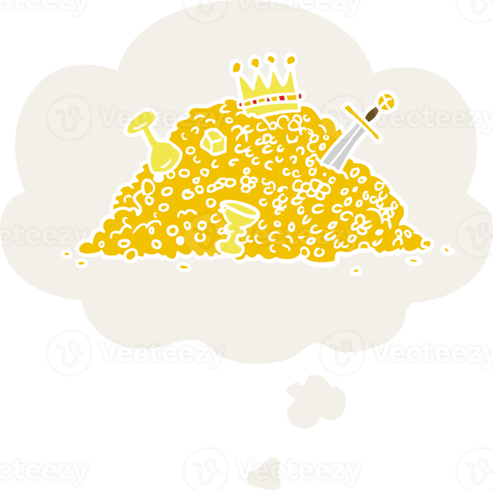 cartoon pile of treasure and thought bubble in retro style png