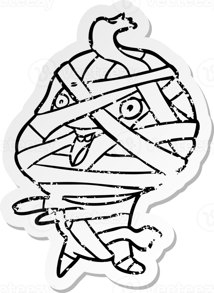 distressed sticker of a cartoon halloween mummy png
