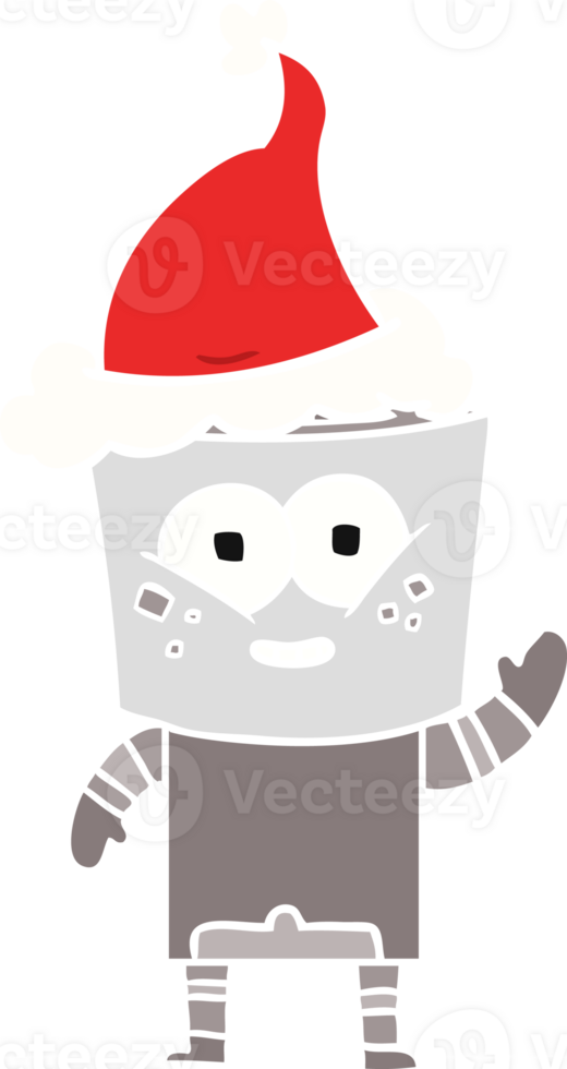 happy flat color illustration of a robot waving hello wearing santa hat png