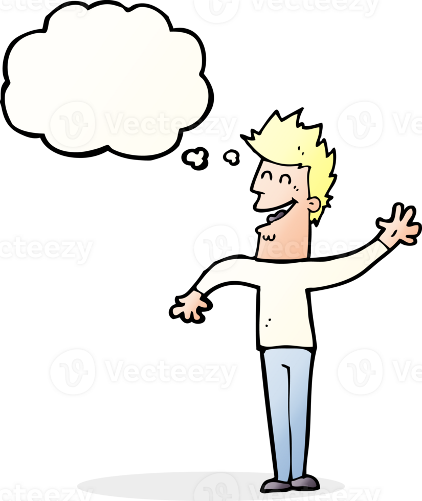 cartoon happy man waving with thought bubble png