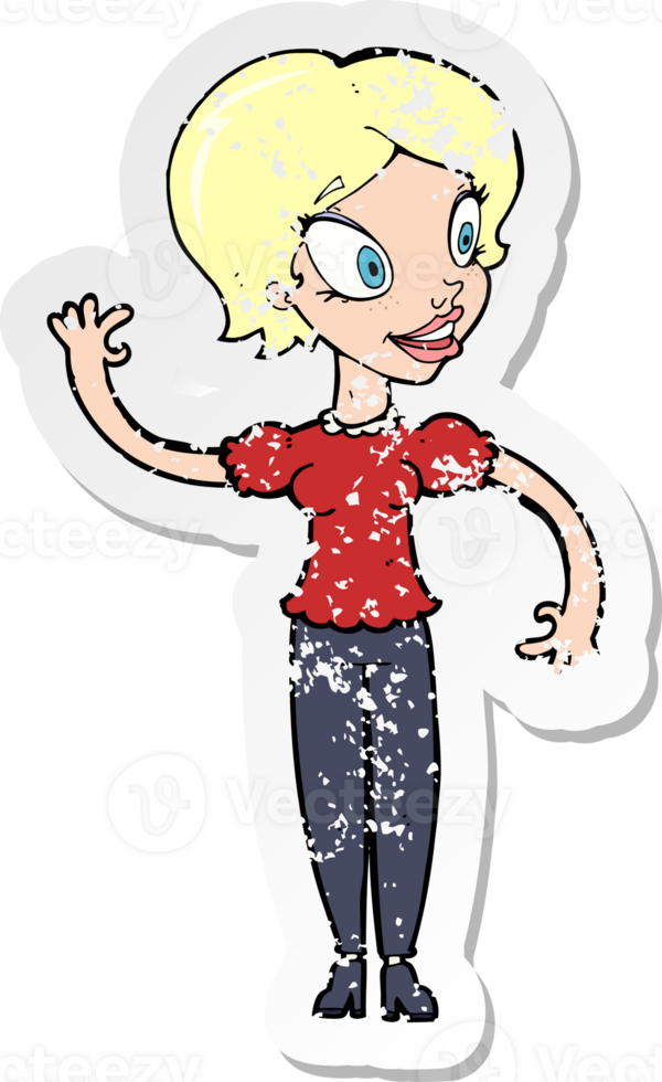 retro distressed sticker of a cartoon woman waving png