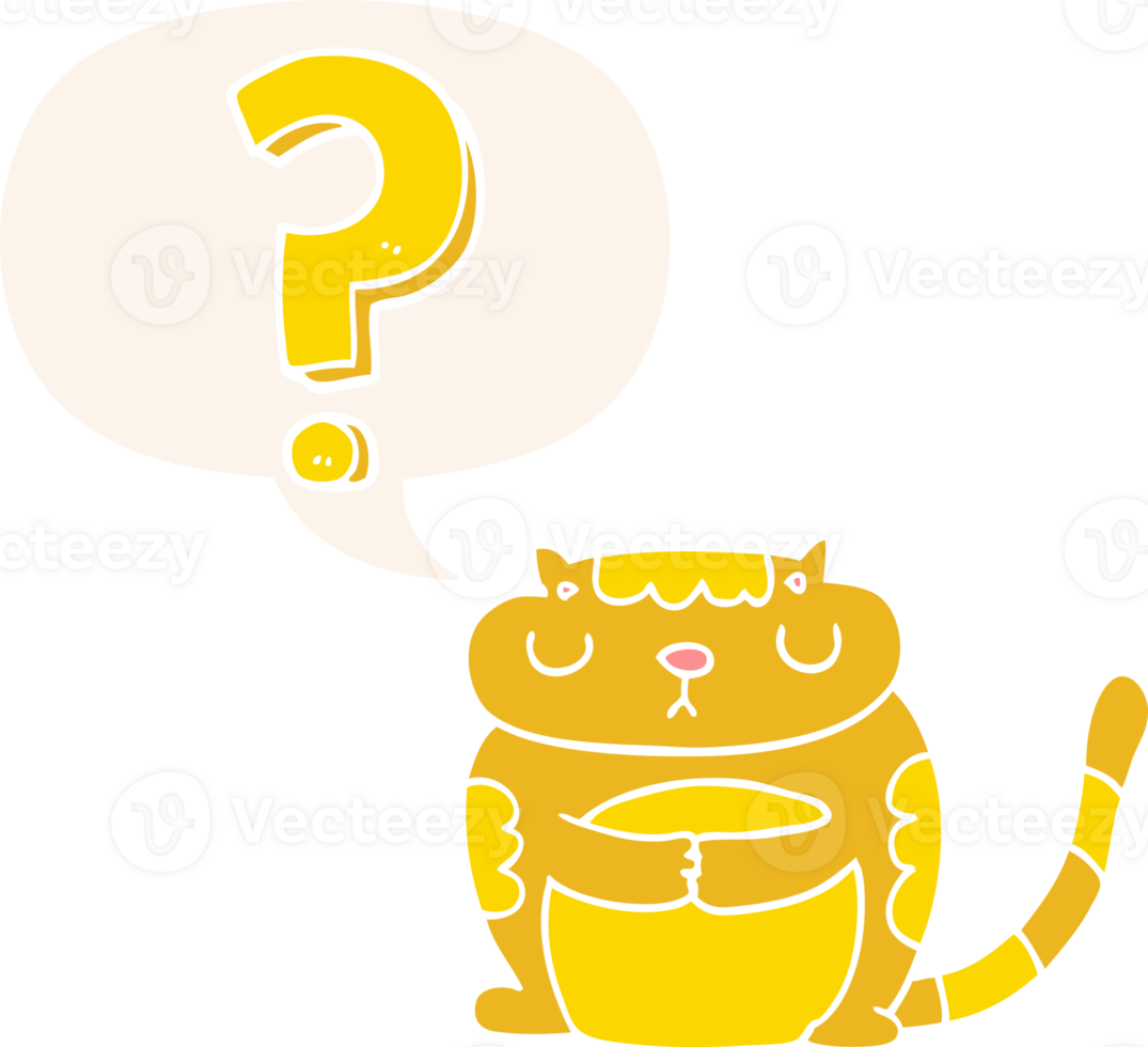 cartoon cat and question mark and speech bubble in retro style png
