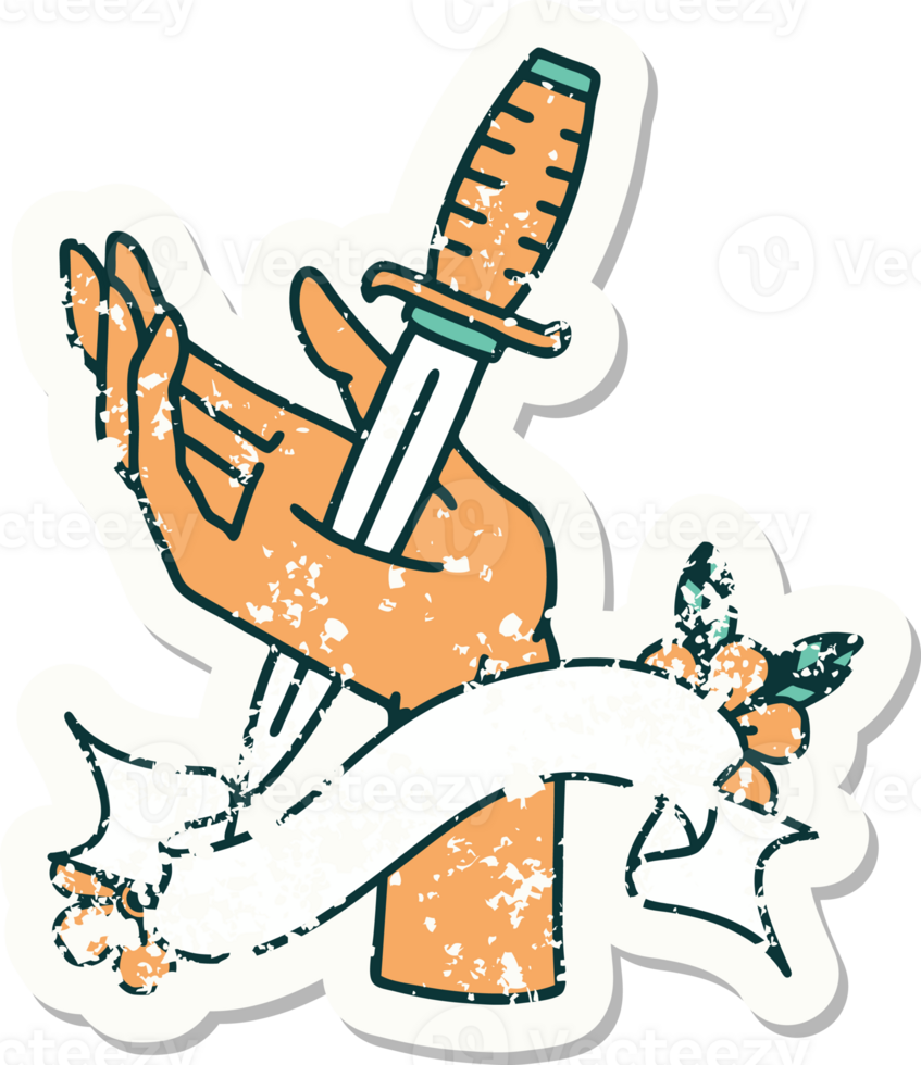 grunge sticker with banner of a dagger in the hand png