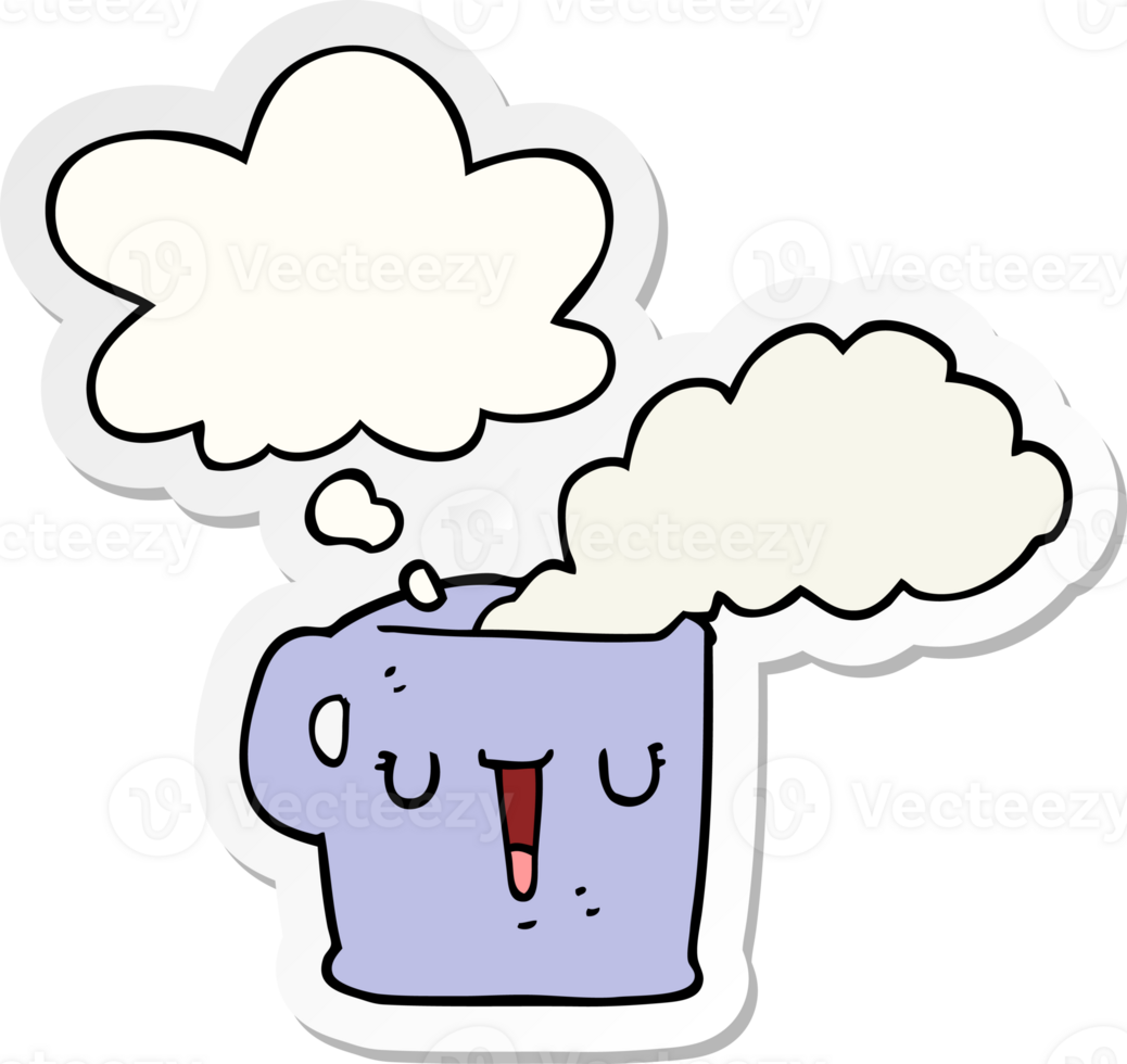 cartoon hot cup of coffee and thought bubble as a printed sticker png
