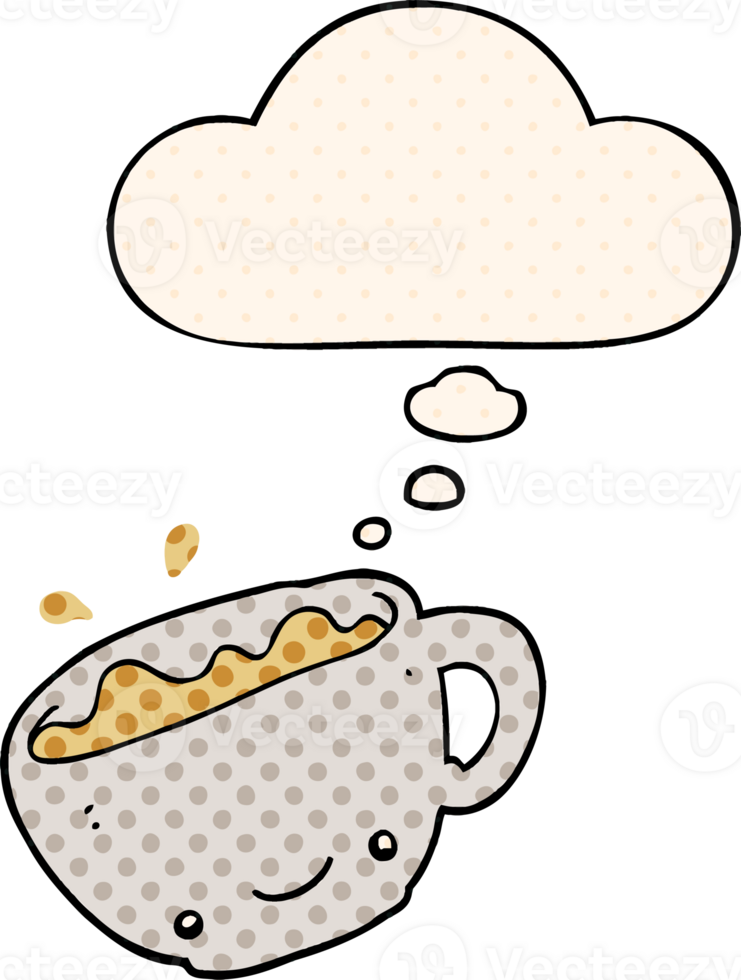 cartoon cup of coffee and thought bubble in comic book style png