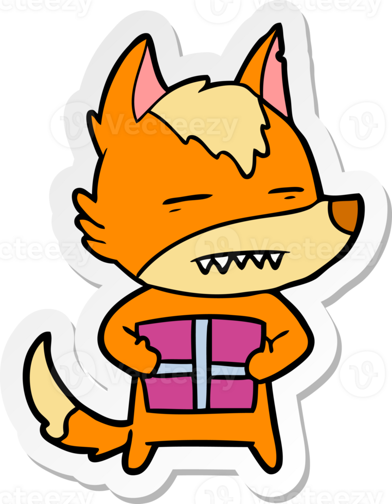 distressed sticker of a cartoon fox with present png