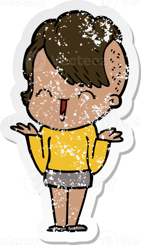 distressed sticker of a cartoon happy hipster girl png