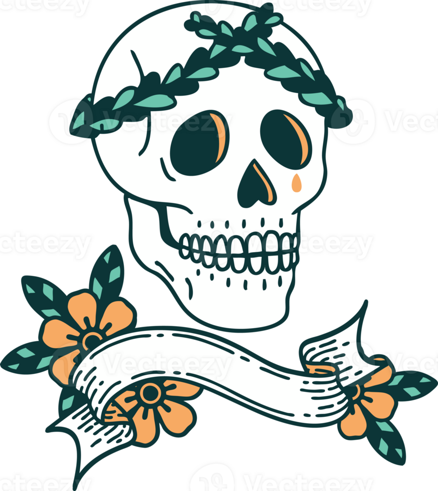 tattoo with banner of a skull with laurel wreath crown png