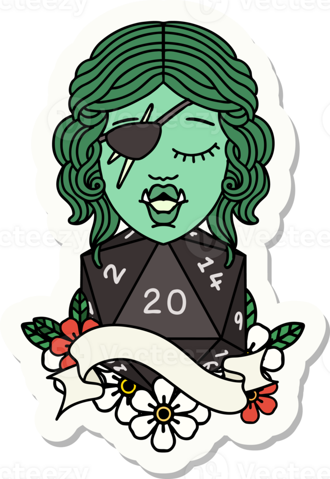 half orc rogue with natural twenty dice roll sticker png