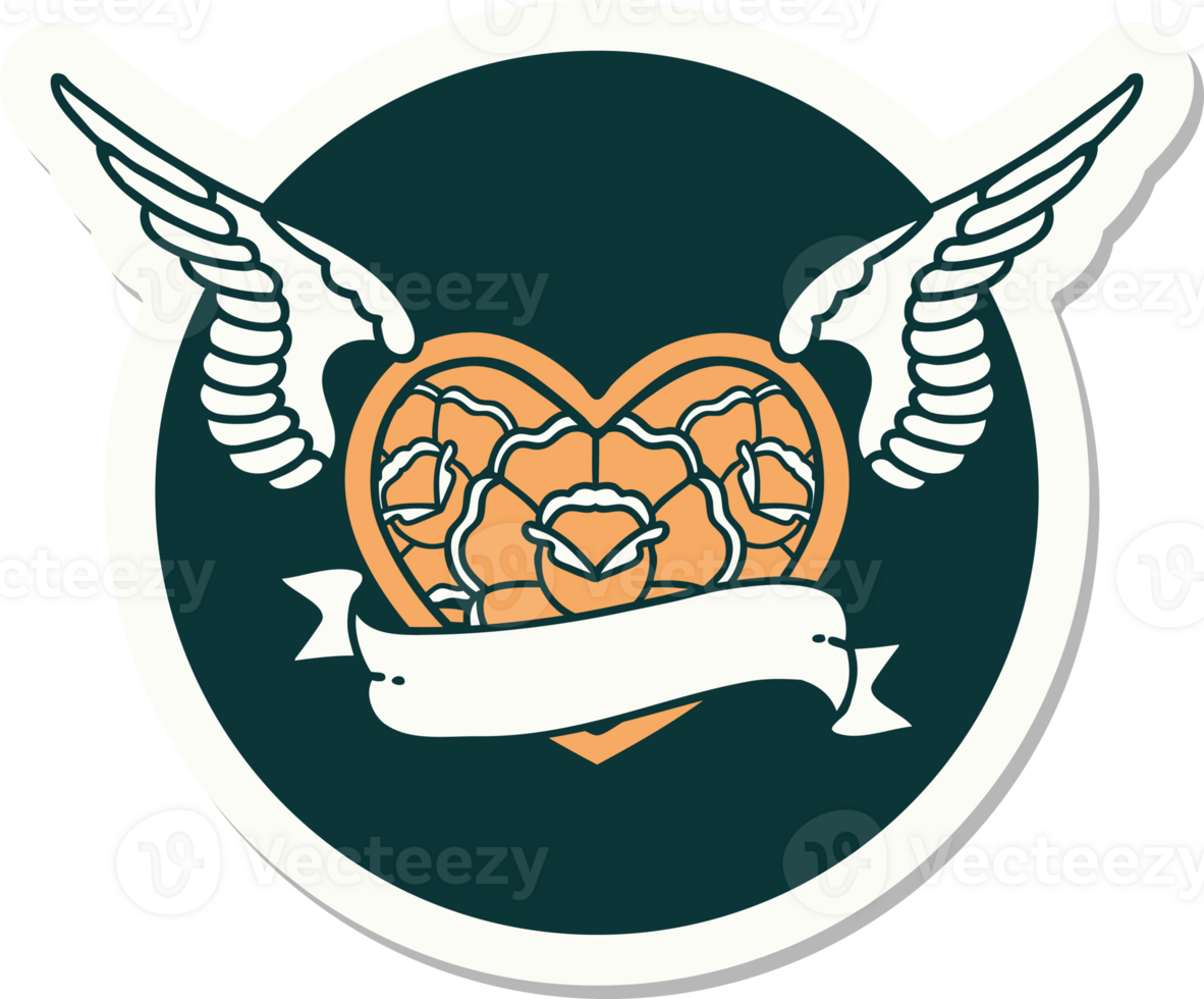 tattoo style sticker of a flying heart with flowers and banner png