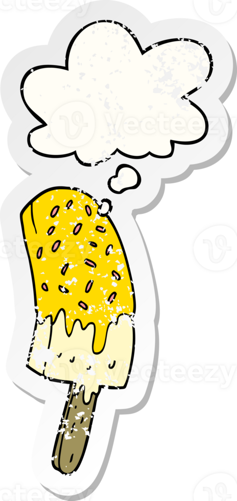 cartoon ice cream lolly and thought bubble as a distressed worn sticker png