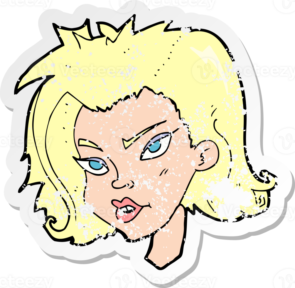retro distressed sticker of a cartoon female face png