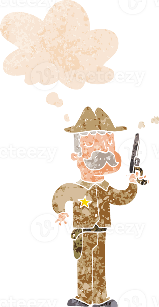 cartoon sheriff and thought bubble in retro textured style png