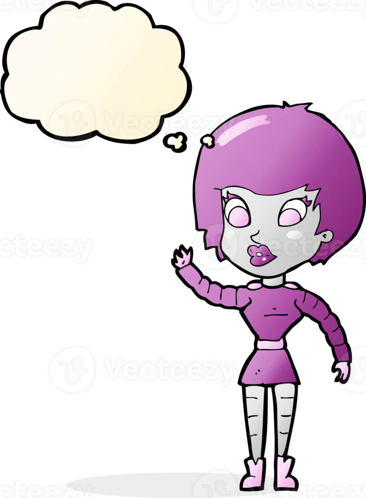 cartoon robot woman waving with thought bubble png