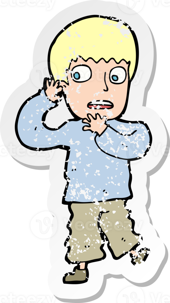 retro distressed sticker of a cartoon frightened boy png