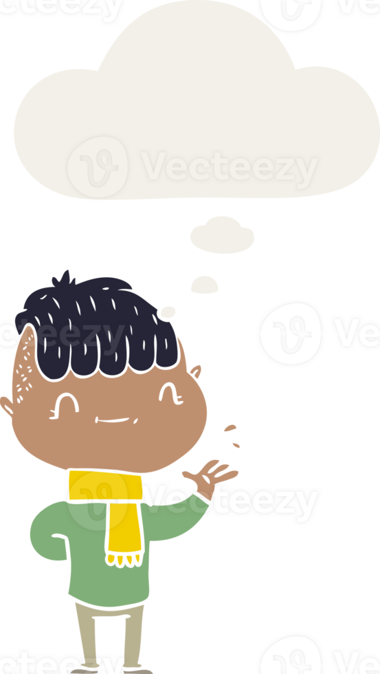 cartoon friendly boy and thought bubble in retro style png