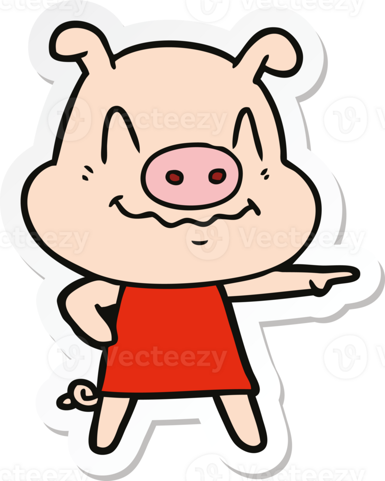 sticker of a nervous cartoon pig wearing dress png