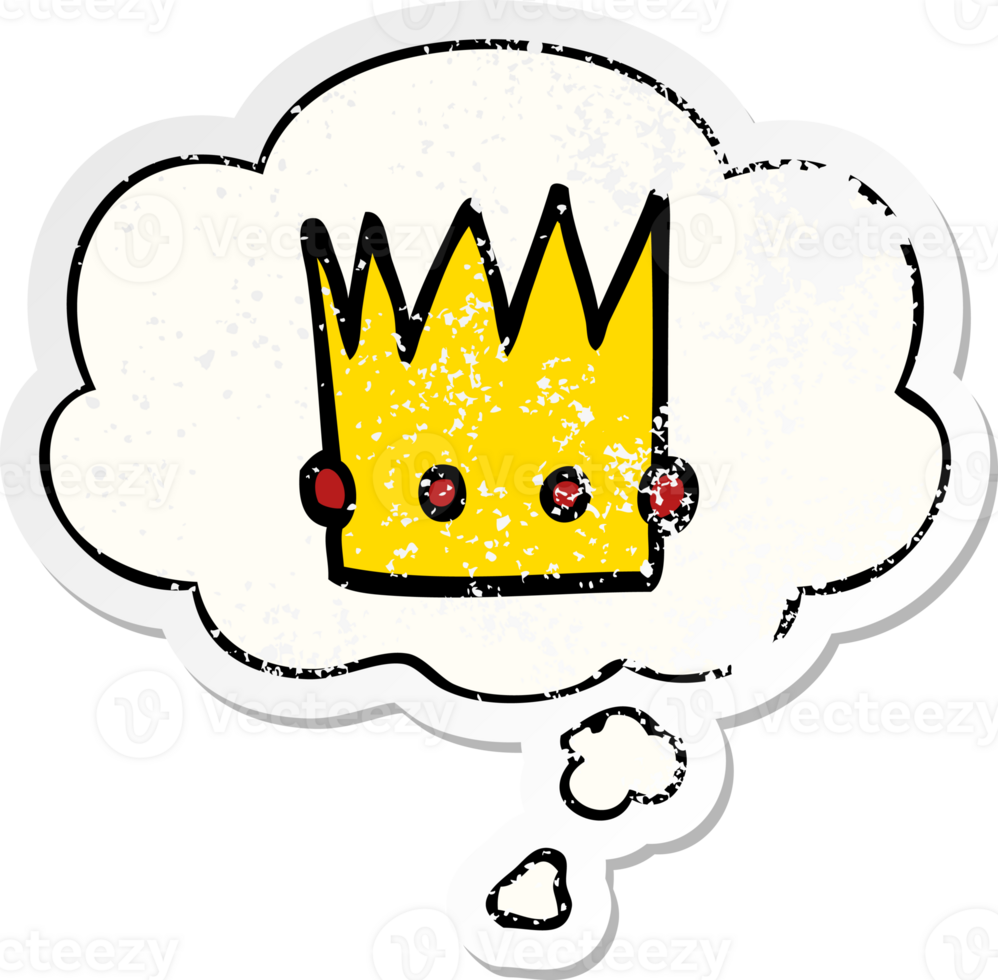 cartoon crown and thought bubble as a distressed worn sticker png