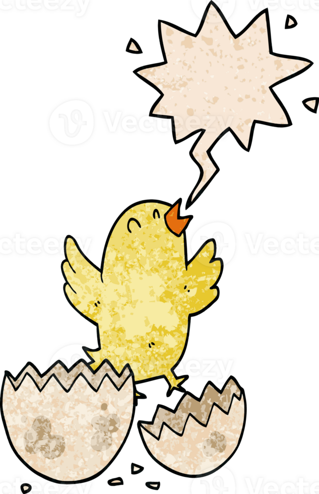 cartoon bird hatching from egg and speech bubble in retro texture style png