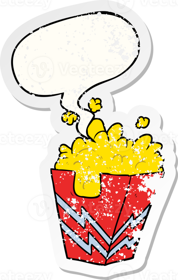 cartoon box of popcorn and speech bubble distressed sticker png