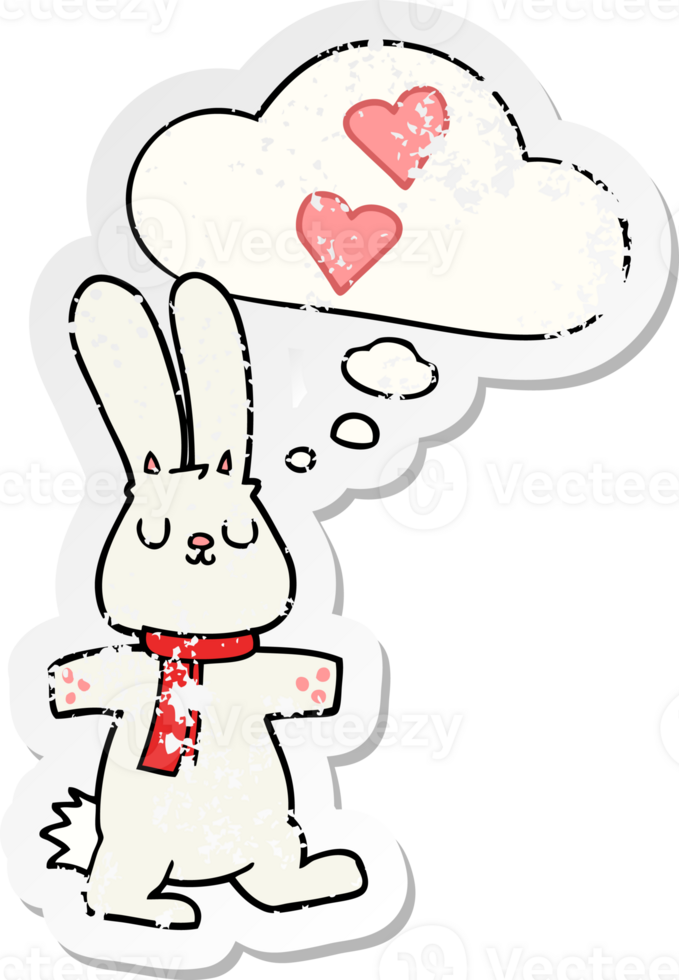 cartoon rabbit in love and thought bubble as a distressed worn sticker png
