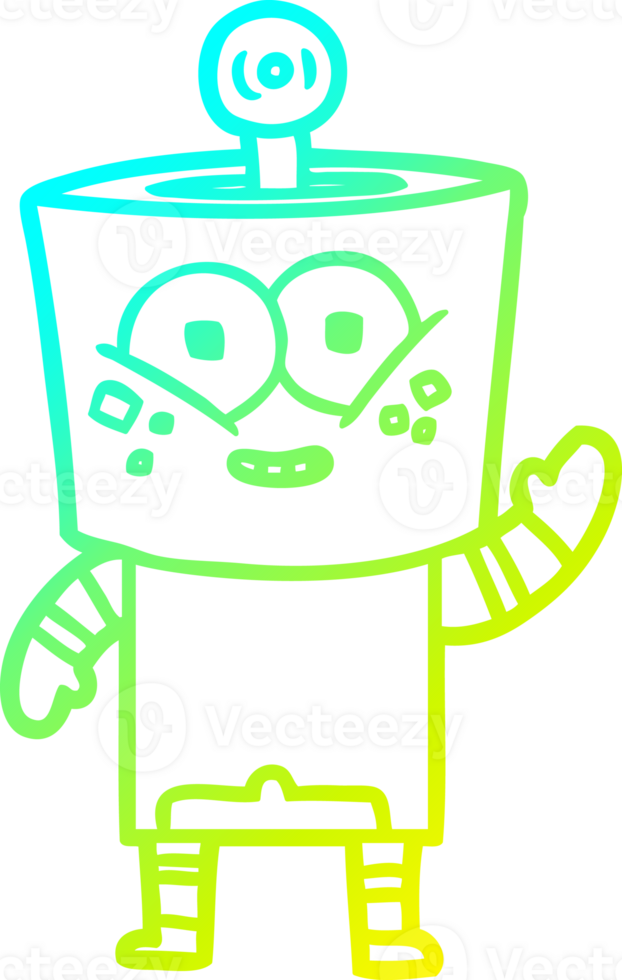 cold gradient line drawing of a happy cartoon robot waving hello png